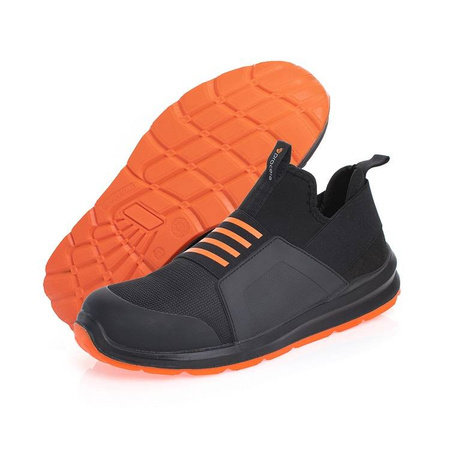 Buty obuwie robocze półbuty robocze ochronne bez sznurowania wsuwane na gumce antypoślizgowe antyprzebiciowe stalowa wkładka antyelektrostatyczne olejoodporne czarne SLIDER S1P