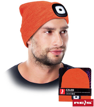 Czapka zimowa z latarką ładowana USB ocieplana polarem pomarańczowa CZLED