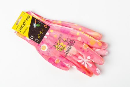 Rękawice ogrodowe ochronne dla kobiet kolorowe wzory powlekane poliuretanem COVENT Soil (różowe)