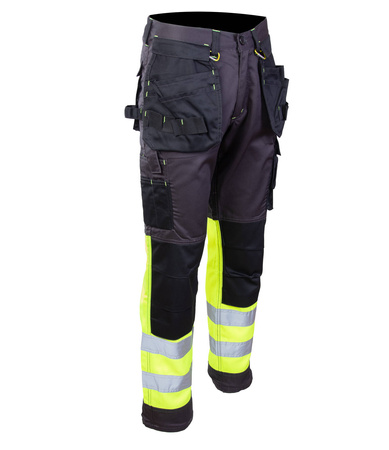 Spodnie robocze ostrzegawcze do pasa odblaskowe fluorescencyjne pasy dużo kieszeni potrójne szwy Polstar SEVEN KINGS FLASH A9SP