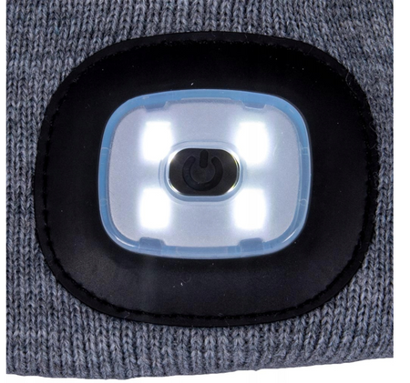 Czapka zimowa z latarką ładowana USB ocieplana polarem pomarańczowa CZLED