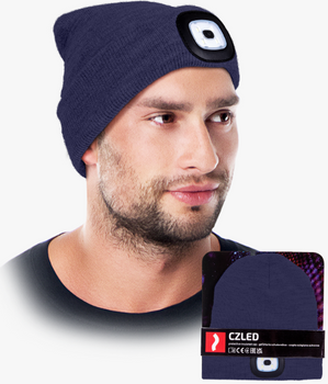 Czapka zimowa z latarką ładowana USB ocieplana polarem CZLED granatowa