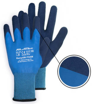 Rękawice w całości oblane lateksem robocze ochronne dzianinowe wytrzymałe bezszwowe ze ściągaczem ochrona dłoni Art.Mas RWNYL 2 BI FOAM