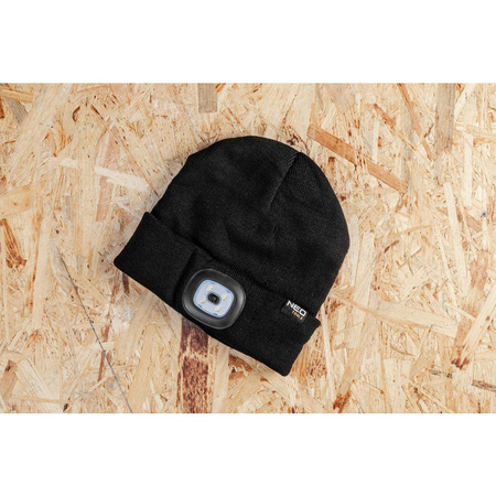 Czapka akrylowa z latarką dioda LED świecąca z lampką czarna NEO Tools 81-621