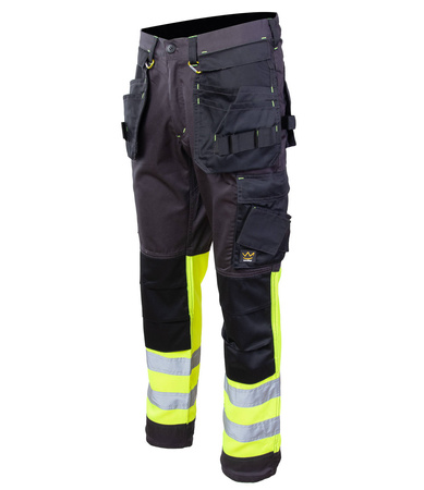 Spodnie robocze ostrzegawcze do pasa odblaskowe fluorescencyjne pasy dużo kieszeni potrójne szwy Polstar SEVEN KINGS FLASH A9SP