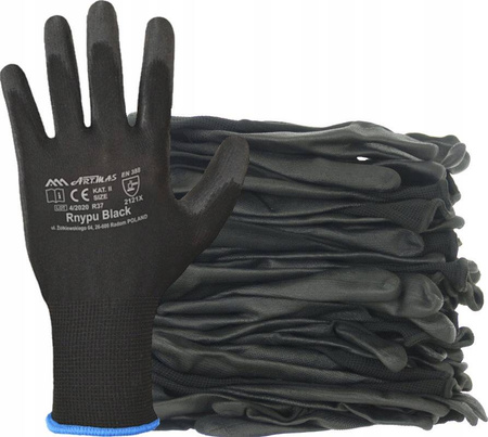 Rękawice robocze poliestrowe ochronne powlekane poliuretanem ochrona dłoni Art.Mas RnyPu BLACK Kat.2