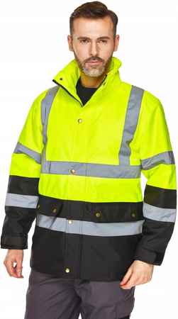 Kurtka odblaskowa zimowa ocieplana odblaskowa ostrzegawcza z kapturem wodoodporna regulowana żółta FLASH BI yellow