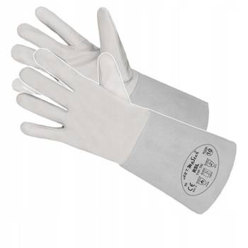 Rękawice spawalnicze skórzane pięciopalcowe z miękkiej licowej koziej skóry długi mankiet z dwoiny bydlęcej Art.Mas RSL białe