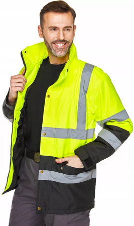 Kurtka odblaskowa zimowa ocieplana odblaskowa ostrzegawcza z kapturem wodoodporna regulowana żółta FLASH BI yellow