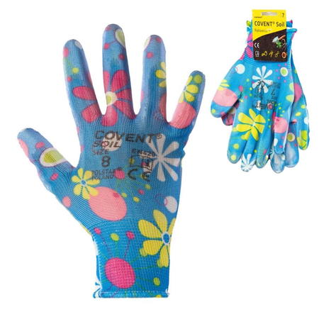 Rękawice ogrodowe ochronne dla kobiet kolorowe wzory powlekane poliuretanem COVENT Soil (niebieskie)