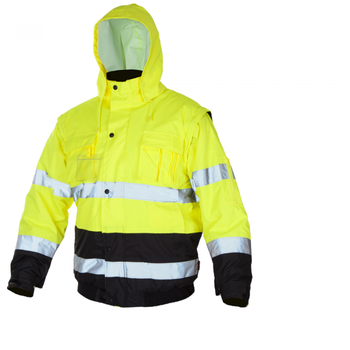 Kurtka zimowa ocieplana odblaskowa bomberka ostrzegawcza z kapturem fluorescencyjna odpinane rękawy żółta Polstar FLASH short-B yellow