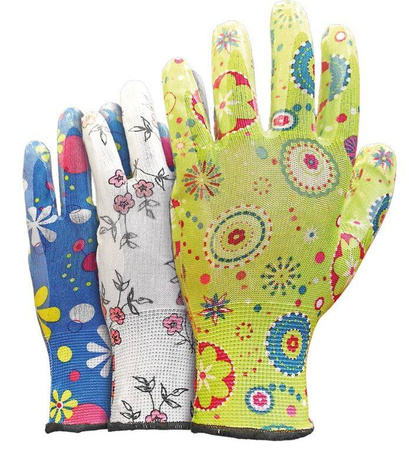 Rękawice ogrodowe uniwersalne ochronne kolorowe wzory powlekane poliuretanem rękawice gospodarcze dobry chwyt Reis RGARDEN-PU