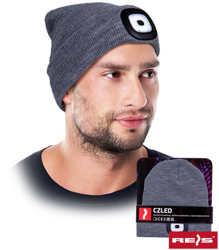 Czapka zimowa z latarką ładowana USB ocieplana polarem szara CZLED