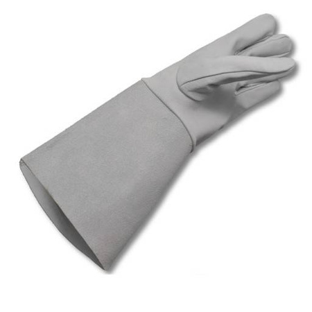 Rękawice spawalnicze skórzane pięciopalcowe z miękkiej licowej koziej skóry długi mankiet z dwoiny bydlęcej Art.Mas RSL białe