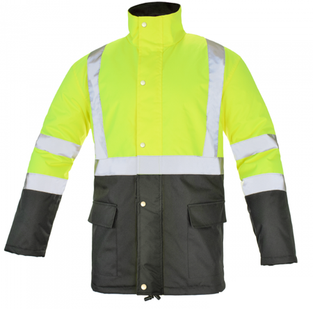 Kurtka odblaskowa zimowa ocieplana odblaskowa ostrzegawcza z kapturem wodoodporna regulowana żółta FLASH BI2 yellow