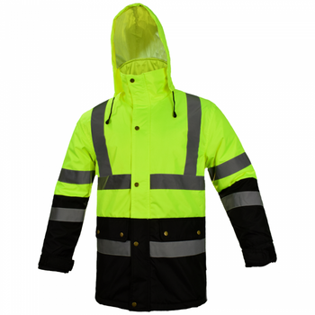 Kurtka odblaskowa zimowa ocieplana odblaskowa ostrzegawcza z kapturem wodoodporna regulowana żółta FLASH BI yellow