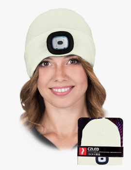 Czapka zimowa z latarką ładowana USB ocieplana polarem CZLED kremowy