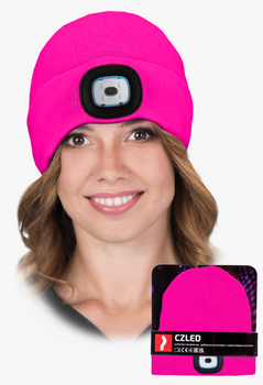 Czapka zimowa z latarką ładowana USB ocieplana polarem CZLED różowa