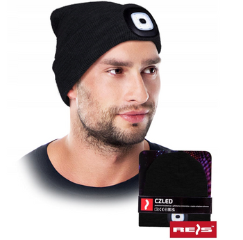 Czapka zimowa z latarką ładowana USB ocieplana polarem czarna CZLED