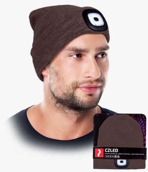 Czapka zimowa z latarką ładowana USB ocieplana polarem CZLED brązowa