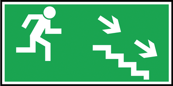 Znak naklejka samoprzylepna "Kierunek do wyjścia drogi ewakuacji schodami w dół w prawo” 150x300 mm